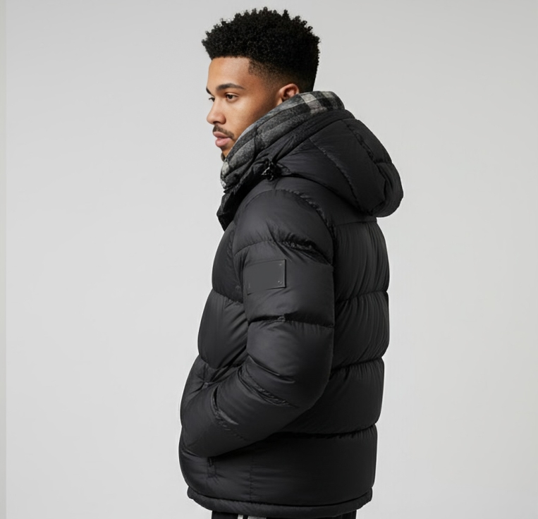 Premium authentic Burberry puffer jacket featuring the iconic “Burberry London England” sleeve patch and signature check-lined hood. This is a single resale item in excellent condition.