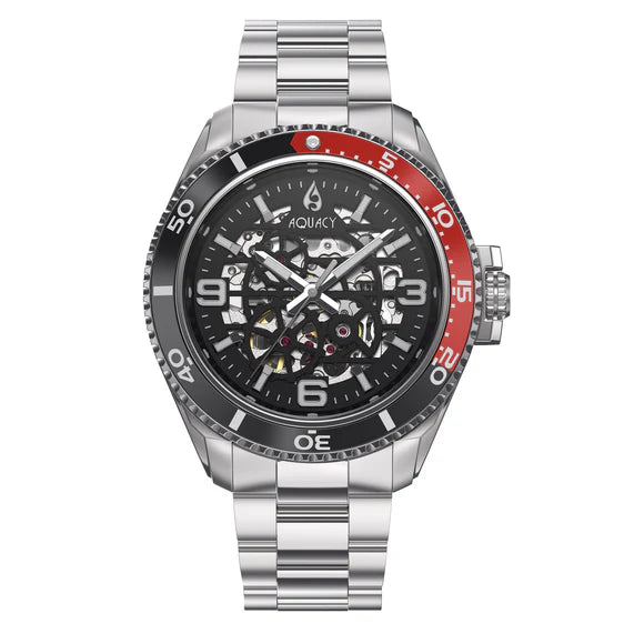 Aquacy Hei Matau Skeleton Watch 200M Black Dial Red Bezel Men's Automatic