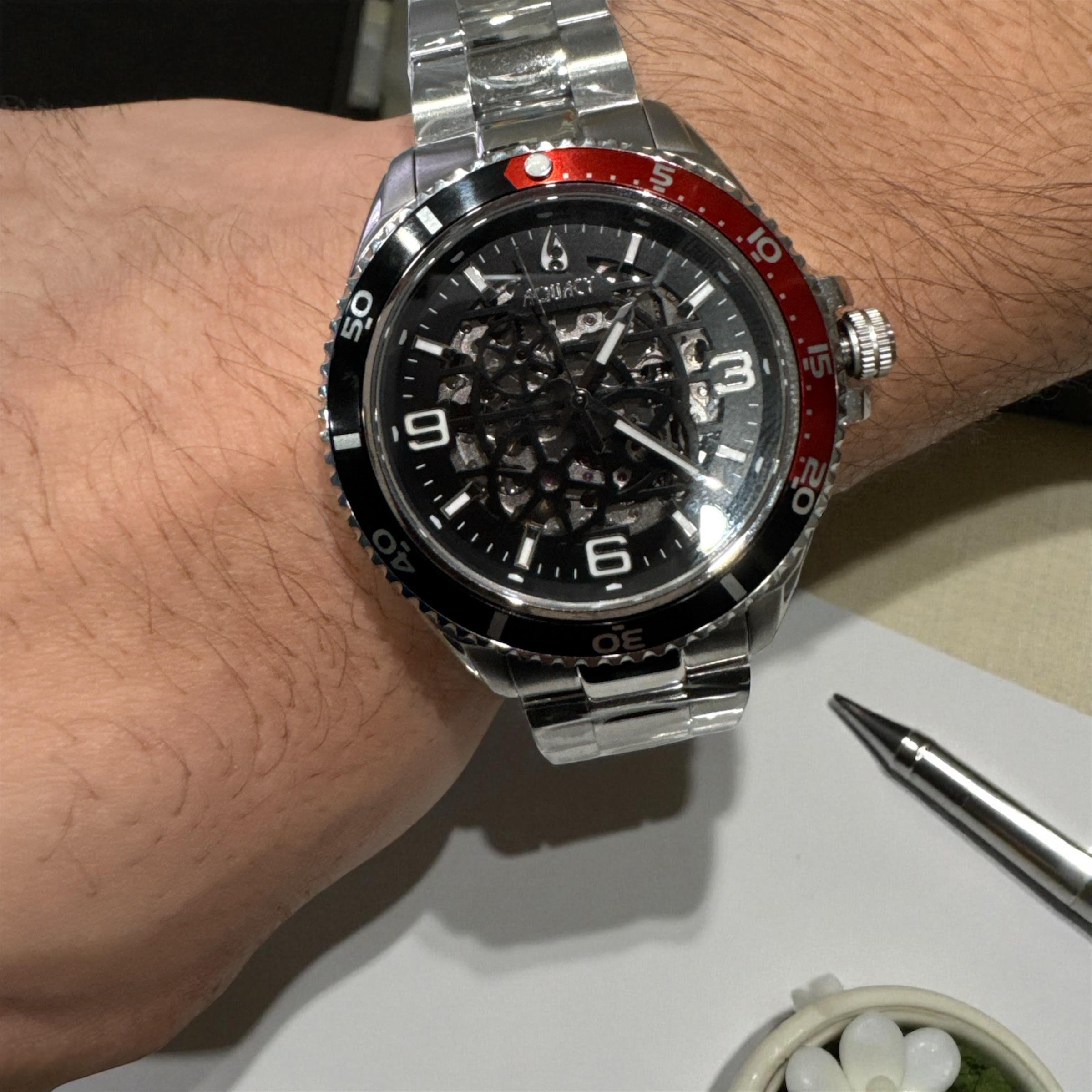 Aquacy Hei Matau Skeleton Watch 200M Black Dial Red Bezel Men's Automatic