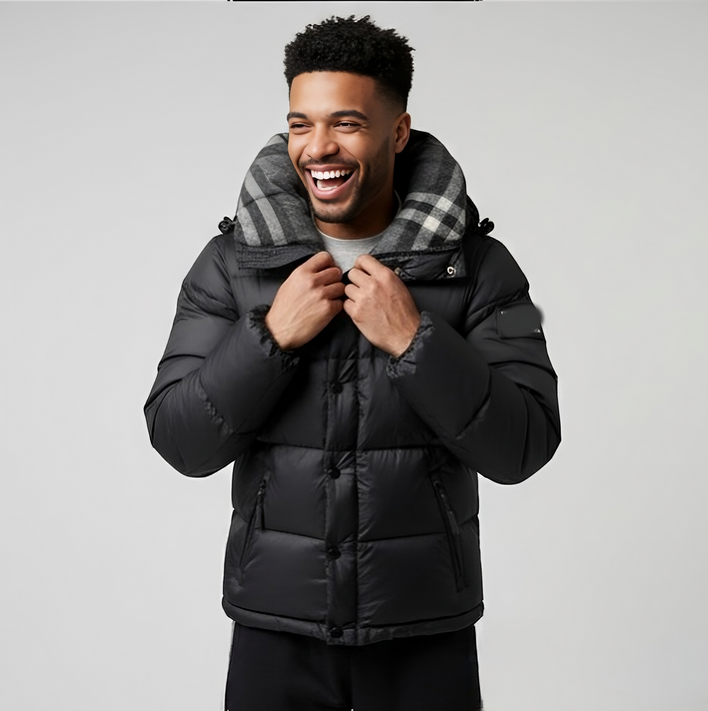 Premium authentic Burberry puffer jacket featuring the iconic “Burberry London England” sleeve patch and signature check-lined hood. This is a single resale item in excellent condition.